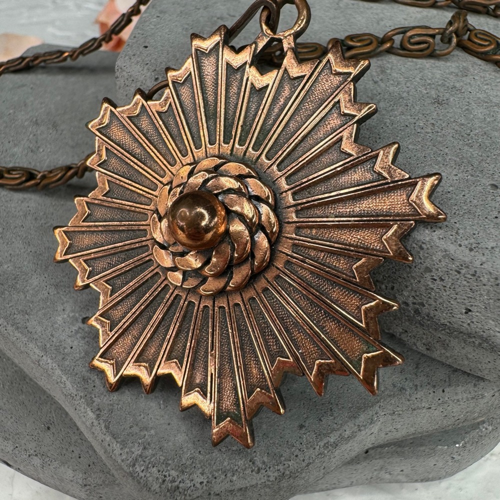Unique Copper Starburst Pendant Necklace Ornate Chain Statement Jewelry - Picture 2 of 5
